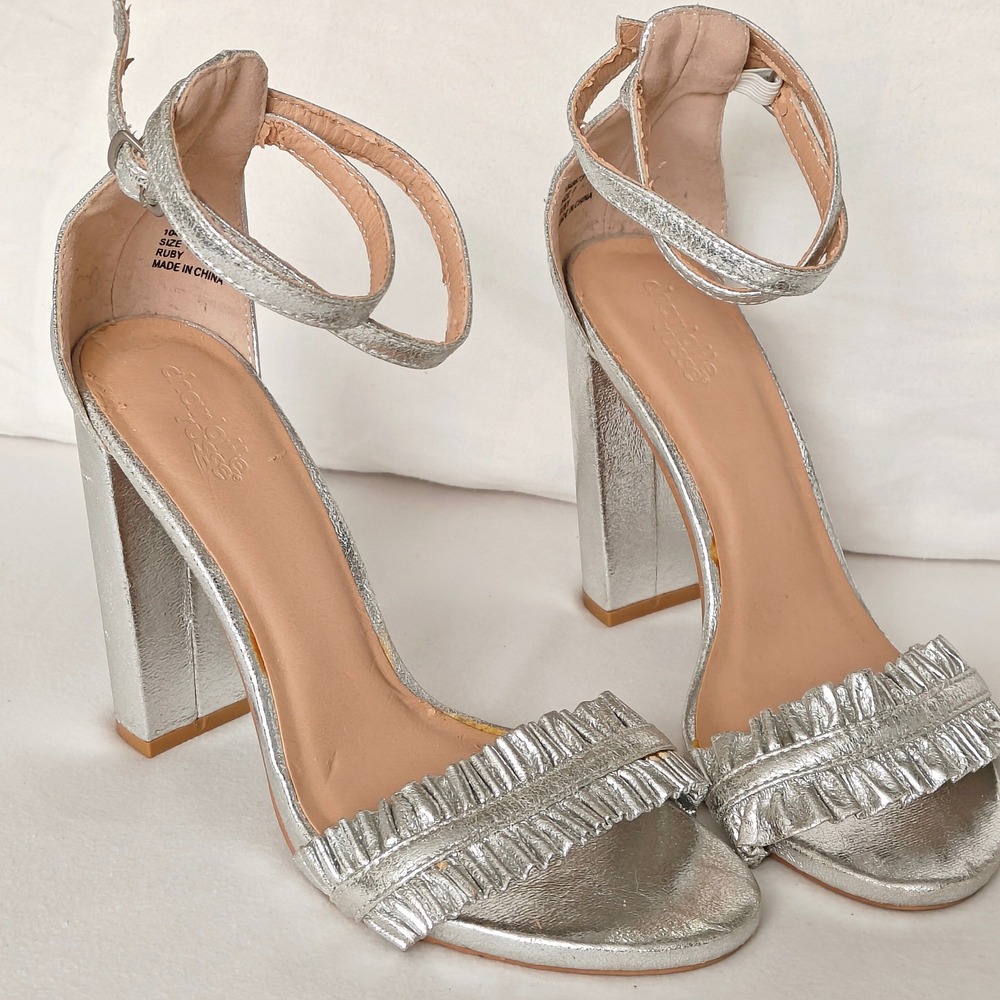 Charlotte Russe Ruby Block Heels Women 7 Silver Ruffled Metallic Ankle Strap